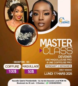 Master class: vous êtes Maquilleure(se) ou coiffeur(se) et vous voulez devenir professionnel et réaliser des coiffures des hautes qualités pour vos mariées, n’hésitez pas de vous joindre à nous le 17 mars à l’occasion du mois de la famille