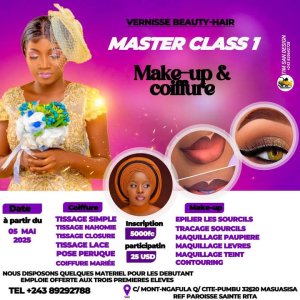 Mont ngafula, ngaliema, selembao  Voici l’opportunité pour toi, vernisse beautyhair met à votre disposition deux formations professionnelles en make-up et coiffure,tu rêve de devenir professionnelles et voici l’occasion mes très chers amies, les deux formations a 25$