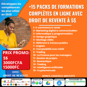 +15 PACKS DE FORMATIONS COMPLÈTES EN LIGNE AVEC DROIT DE REVENTE A SEULEMENT 5$ !