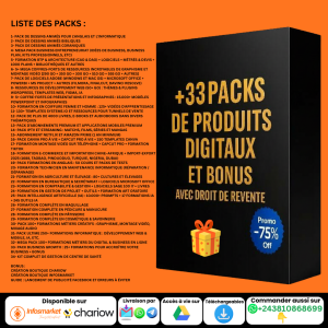 +33 PACKS DE PRODUITS DIGITAUX COMPRENANT +170 FORMATIONS ET BONUS AVEC DROIT DE REVENTE