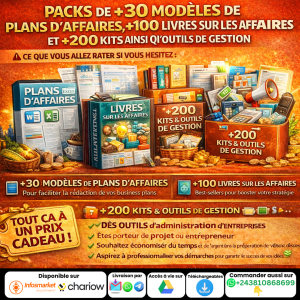 PACKS DE +30 MODELES DE PLANS D’AFFAIRES, +100 LIVRES SUR LES AFFAIRES ET +200 KITS AINSI QU’OUTILS DE GESTION AVEC DROIT DE REVENTE